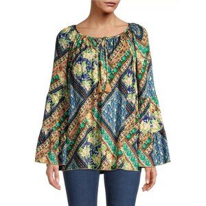 Johnny Was JADE Miza Patchwork Blouse Peasant Boho Top Long Sleeve Tassel Size S
